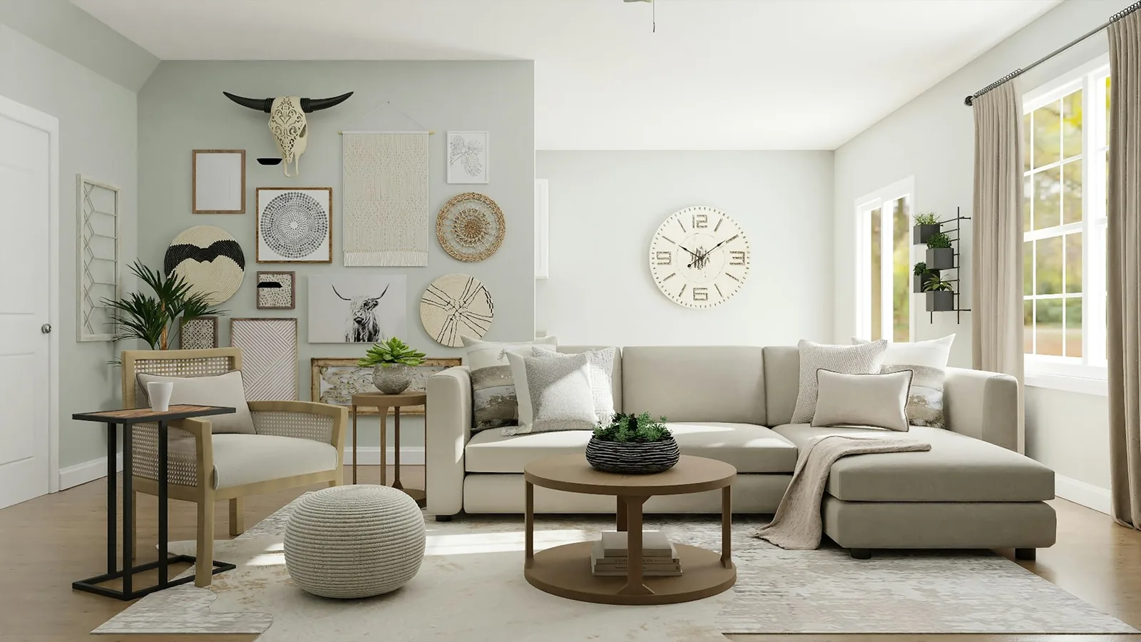 Neutral living room with green accents, plants, warm wood, and a calm abundance palette