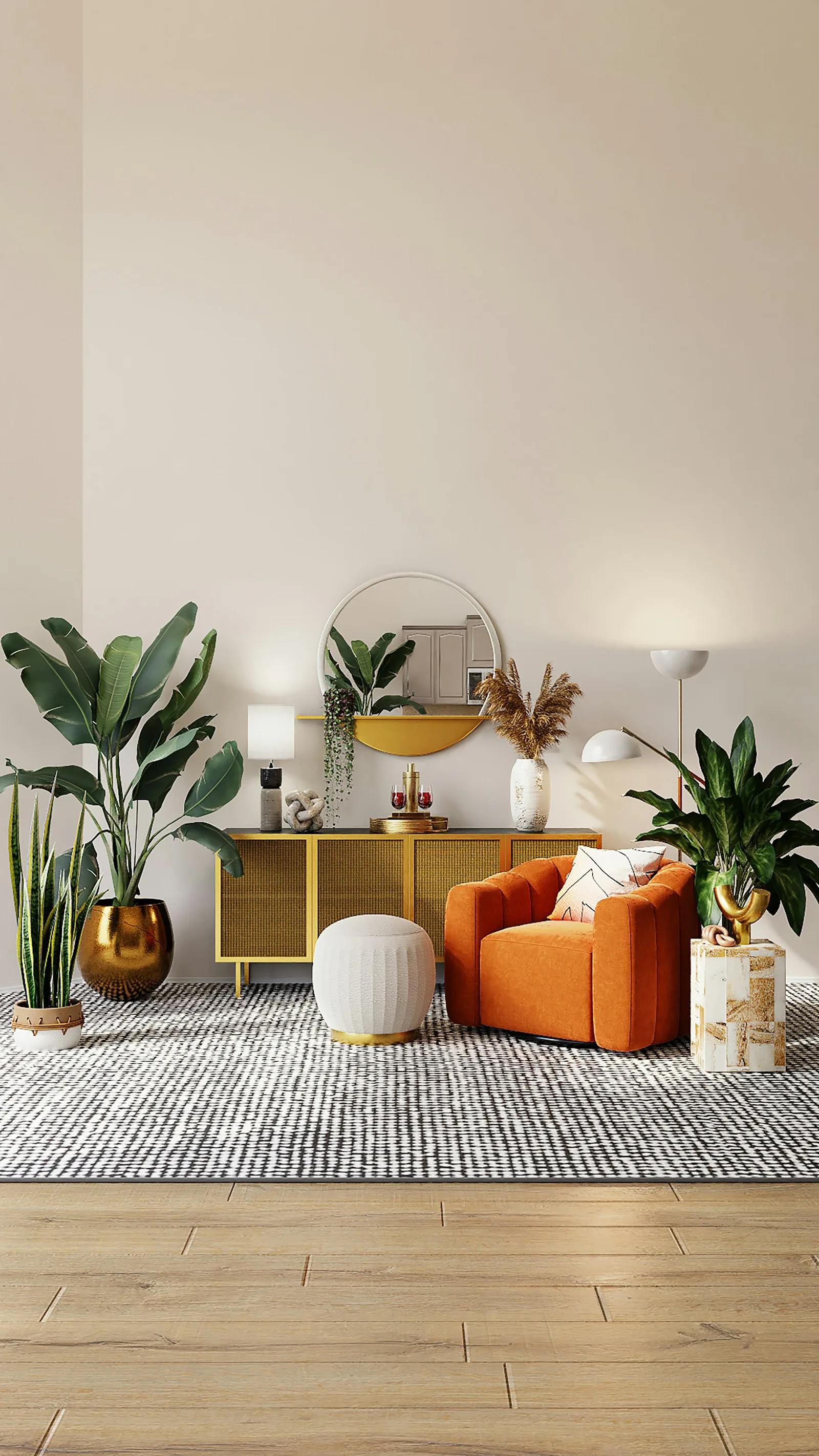 Living room with green sofa, warm gold console, plants, and soft neutral walls
