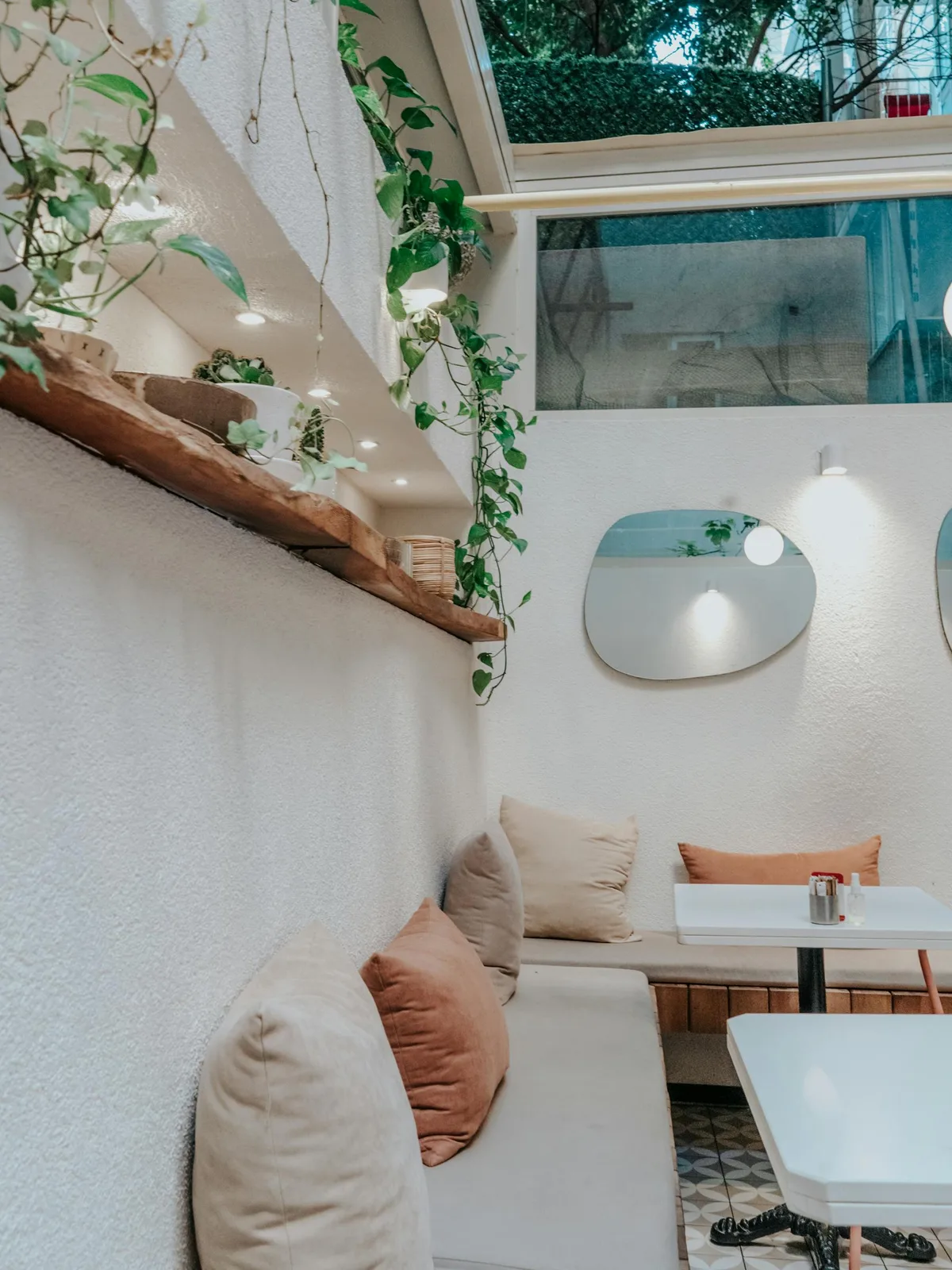 Living room shelf with trailing greenery, mirror, and soft natural color