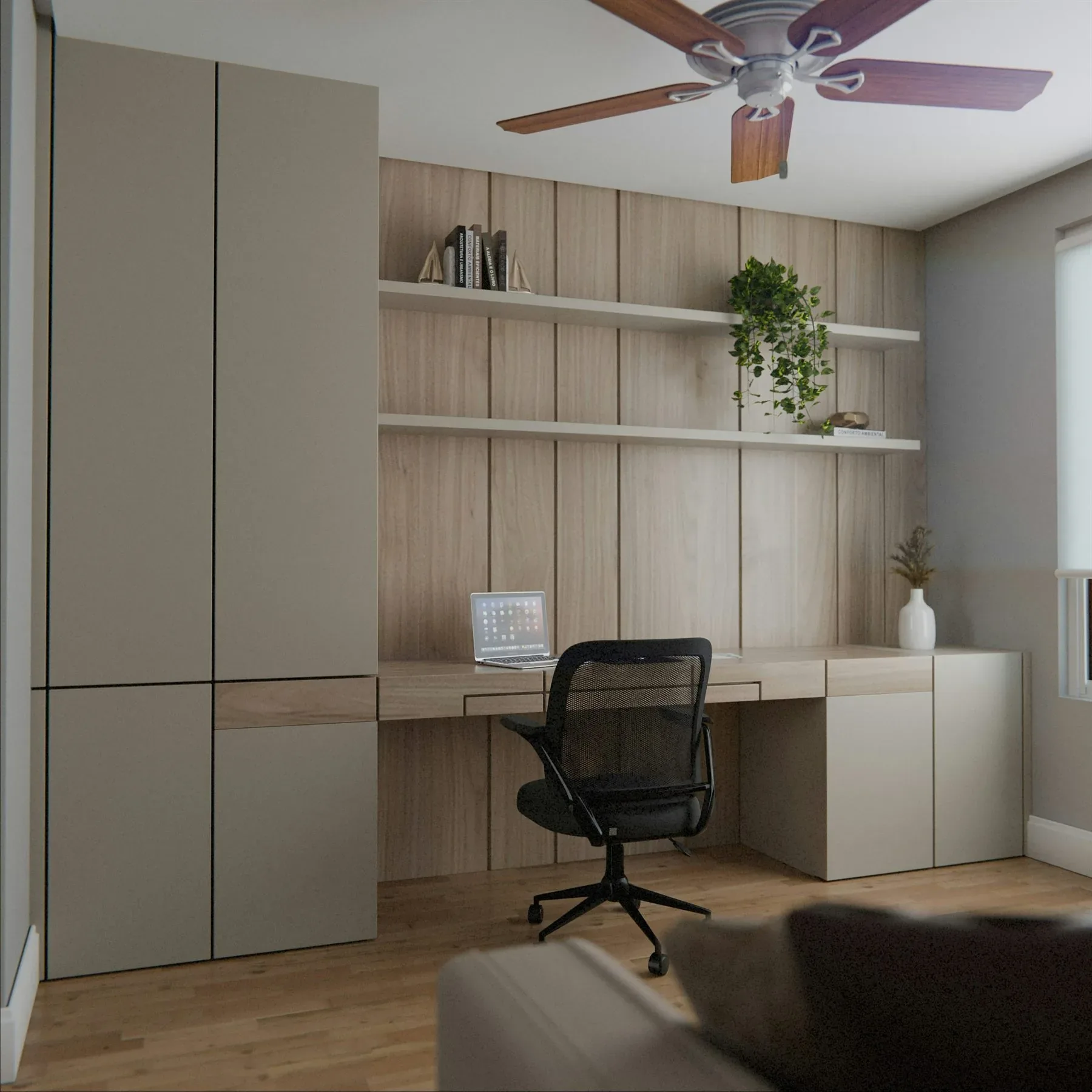 Calm neutral office with pale wood storage, soft wall color, and a small plant