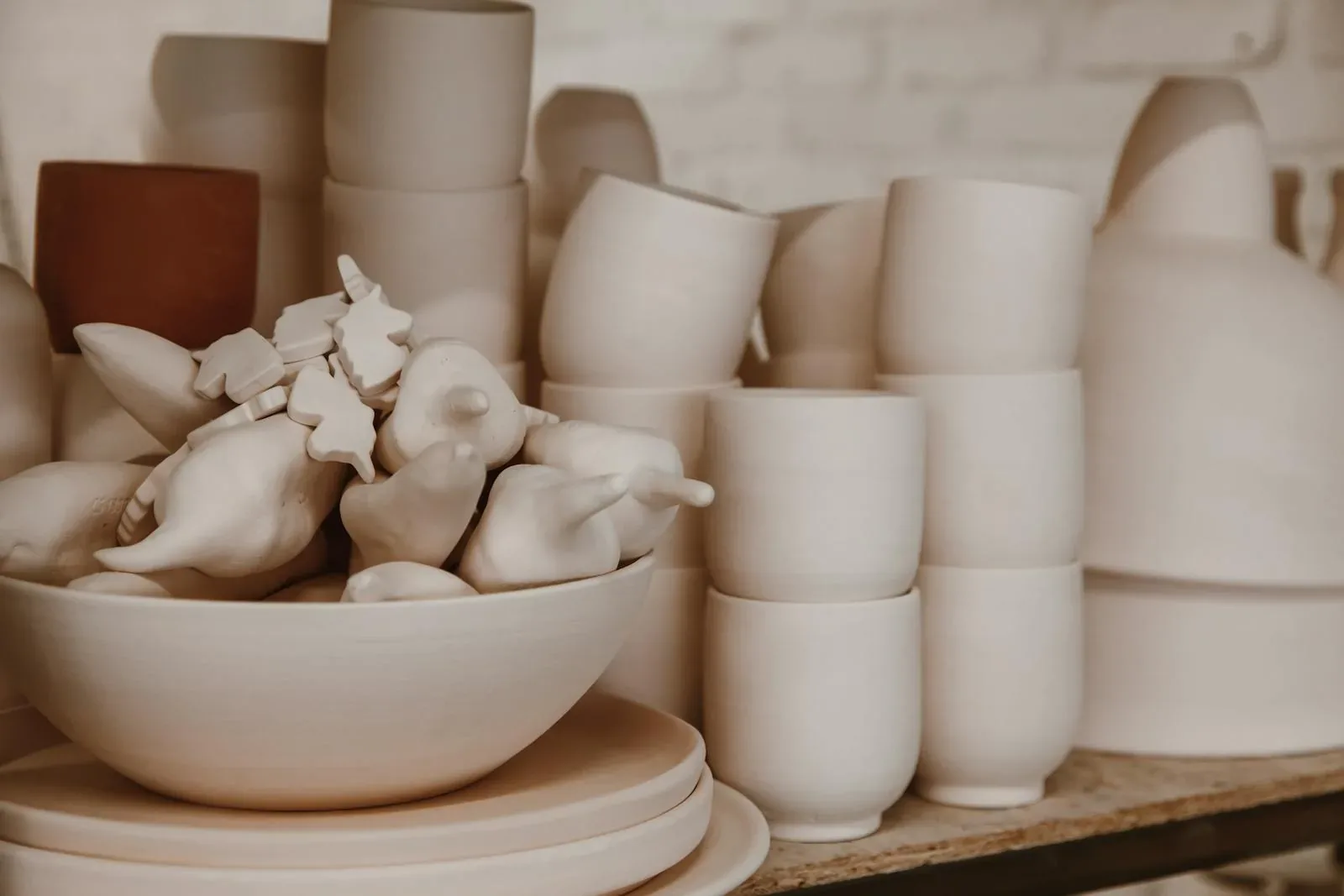 Cream ceramic pieces grouped on a shelf in a quiet natural palette