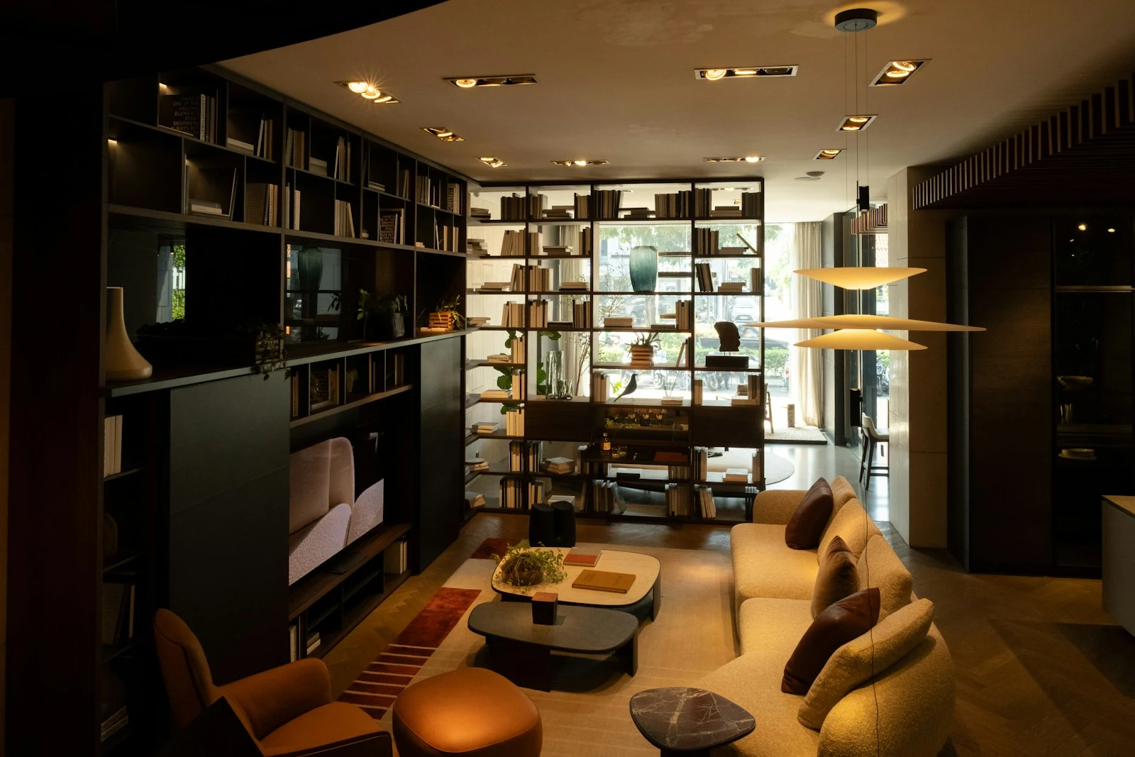 Bookshelves integrated into a living room