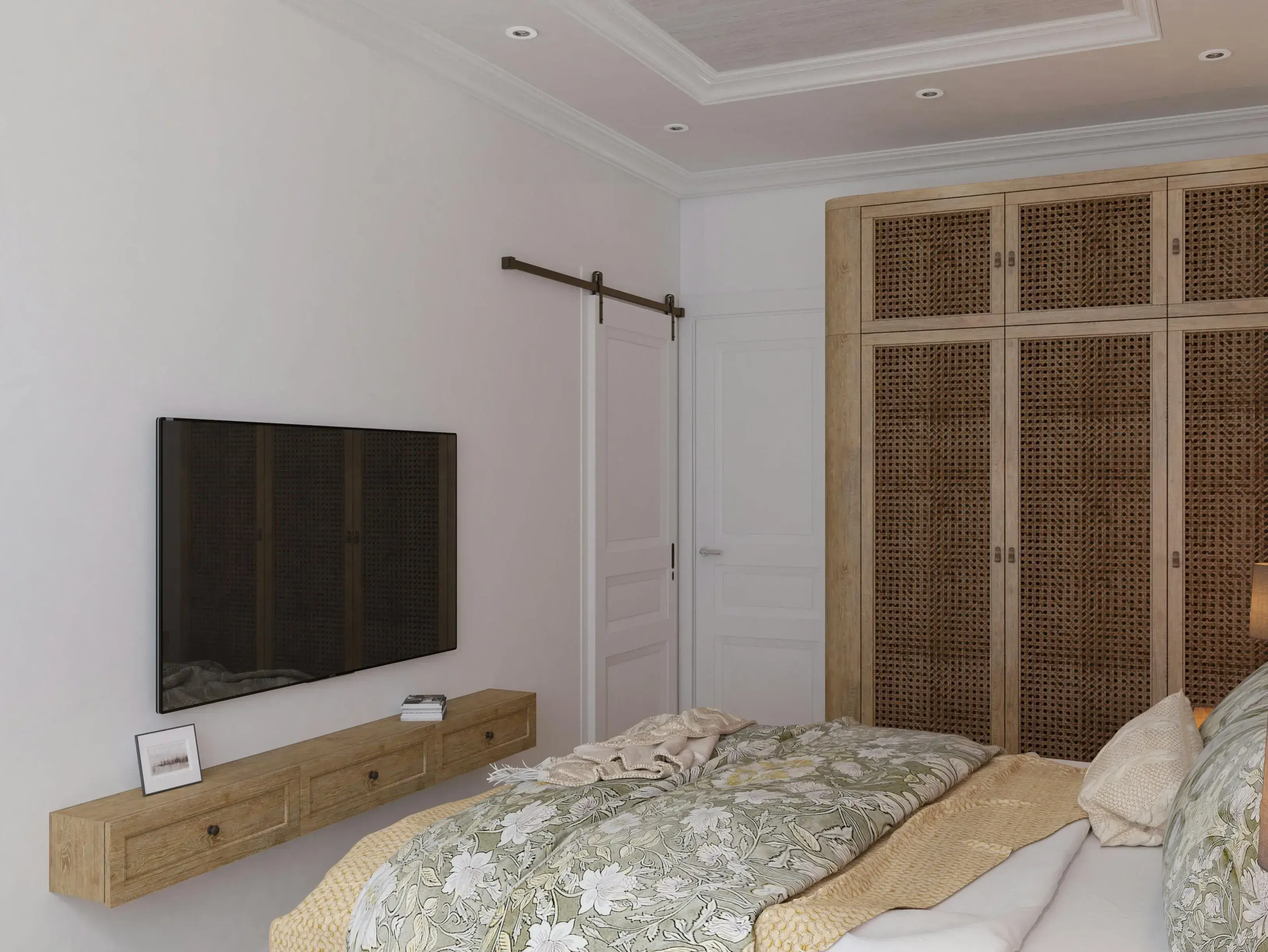 Bedroom with large wardrobe, television, and multiple active zones competing with the bed