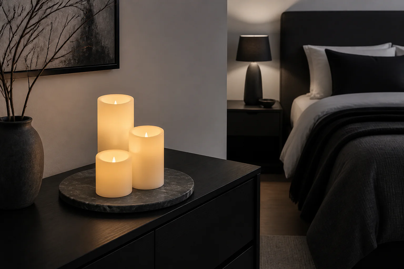Three flameless ivory pillar candles glowing on a stone tray on a bedroom dresser
