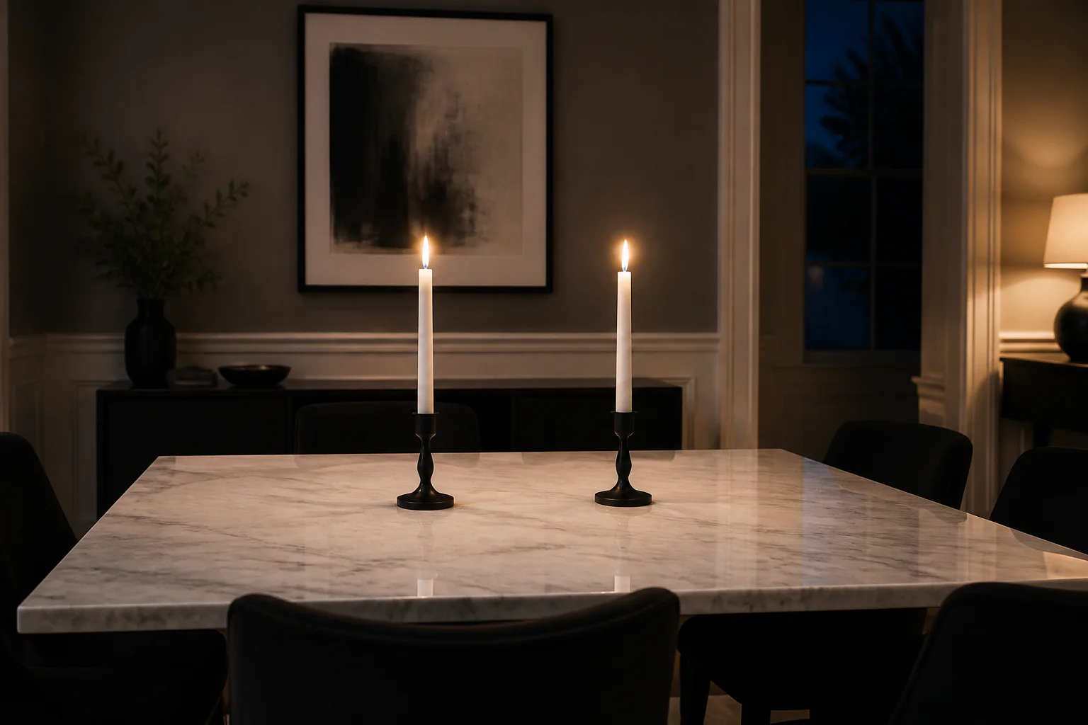 Two lit taper candles in stable black holders with clear space around them on a dining table