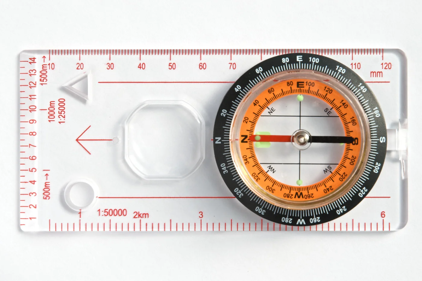 Baseplate compass with a red north-pointing needle, cardinal directions and a numbered degree scale