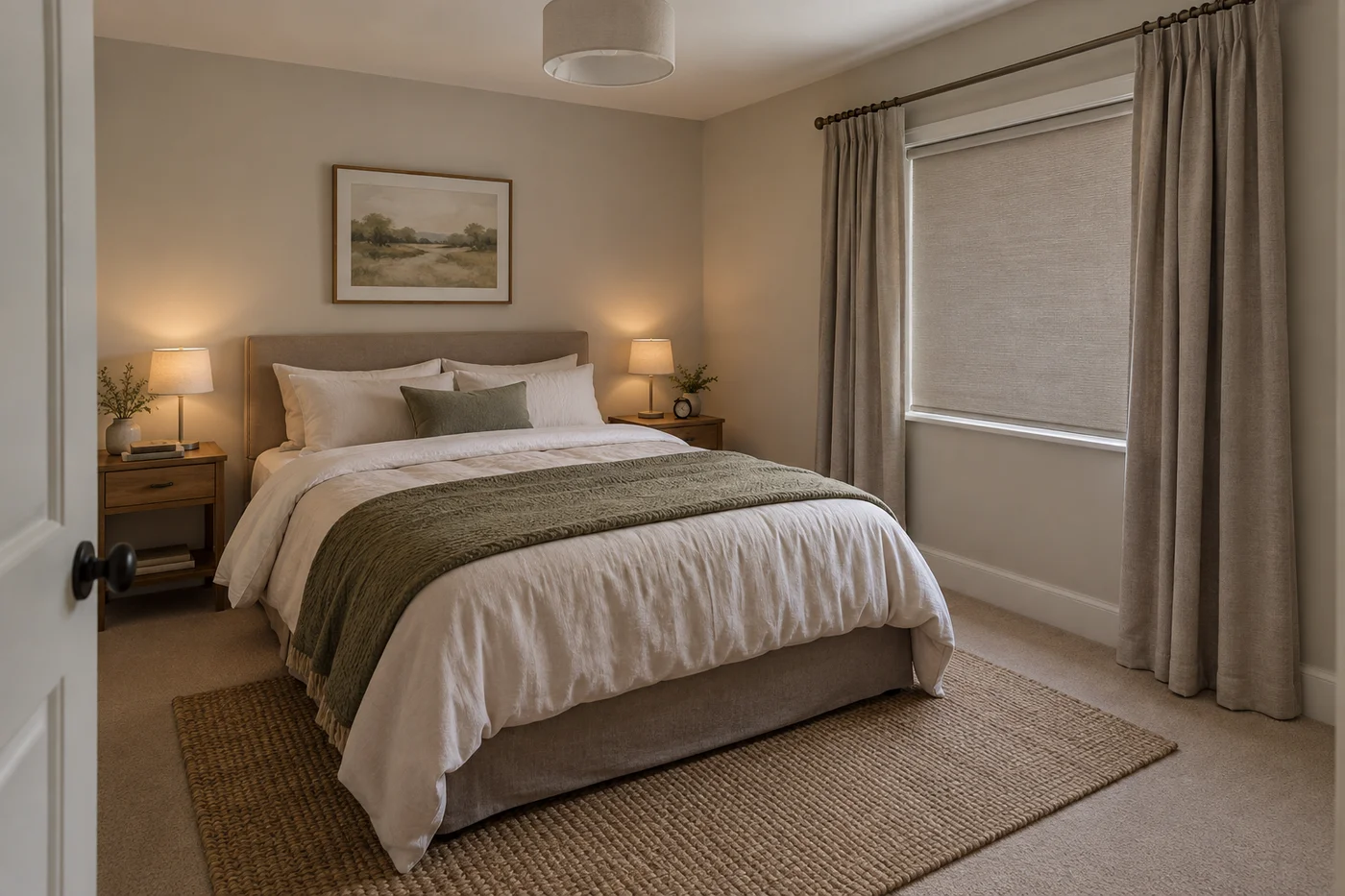 Bedroom with a bed against a solid wall, access on both sides and a lowered opaque window blind between lined curtains