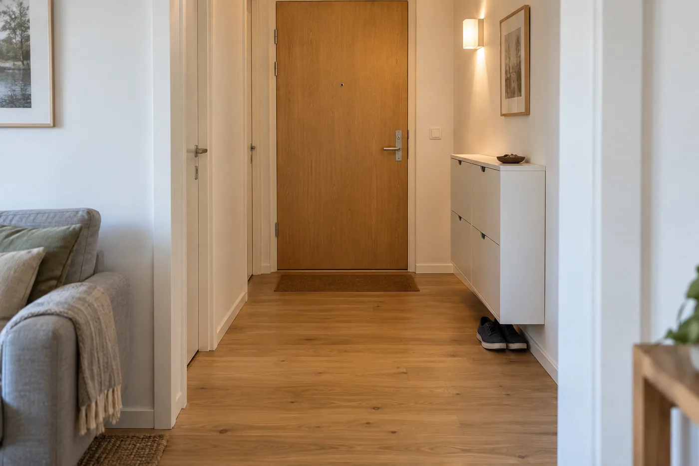 Compact entry hall with a shallow wall-mounted shoe cabinet and an unobstructed route to the timber front door