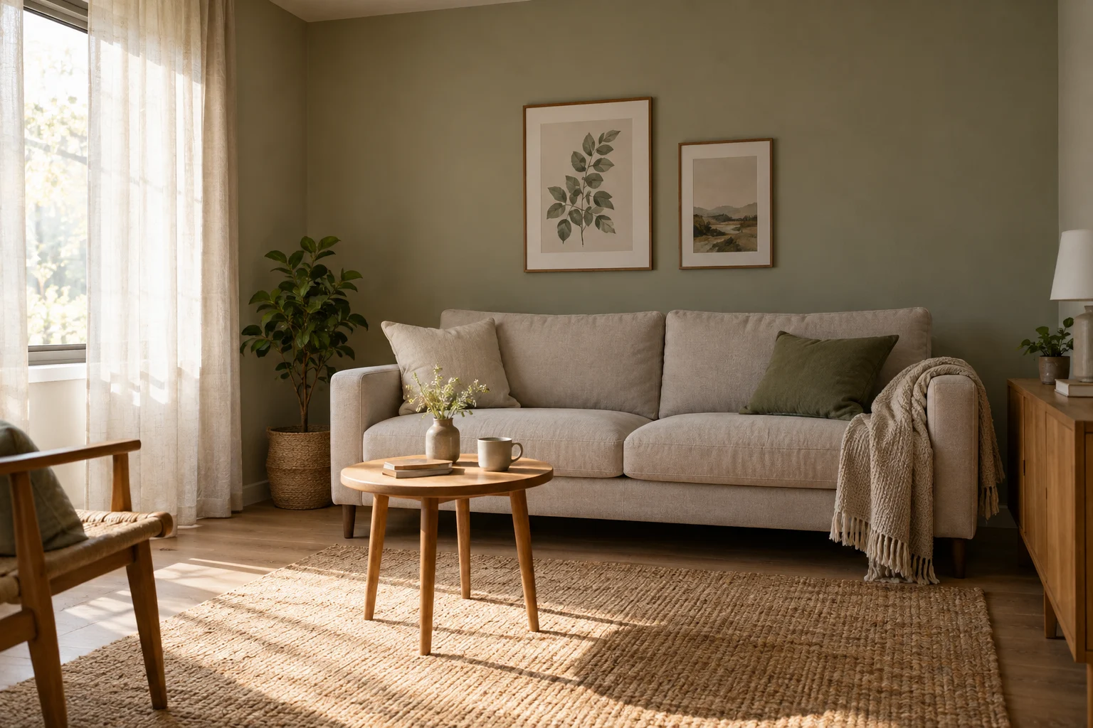 Modest living room with a side window, sheer curtains, a roller shade and a sofa against a solid wall
