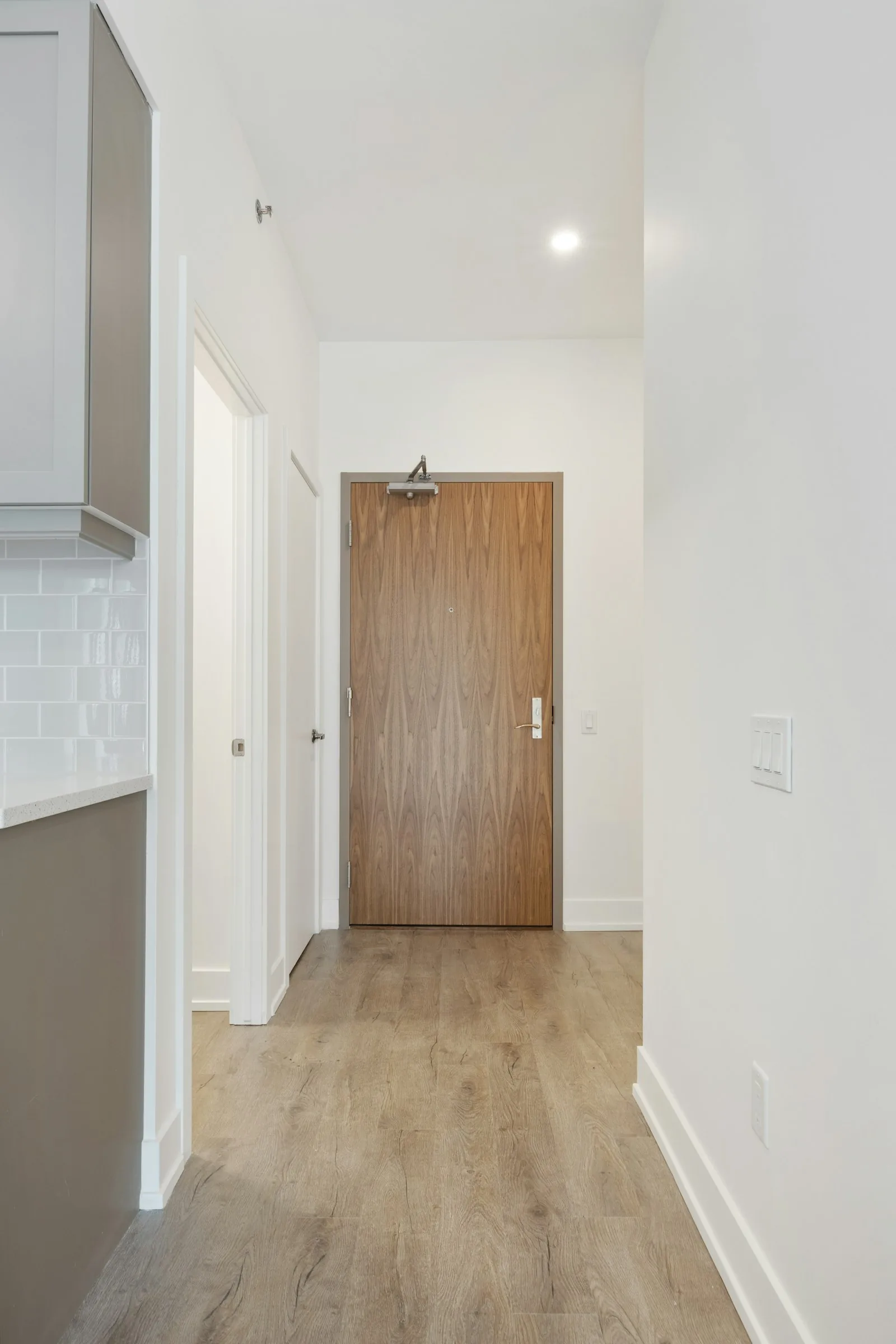 Minimal interior entry with a simple wood door, white walls, and open wood flooring