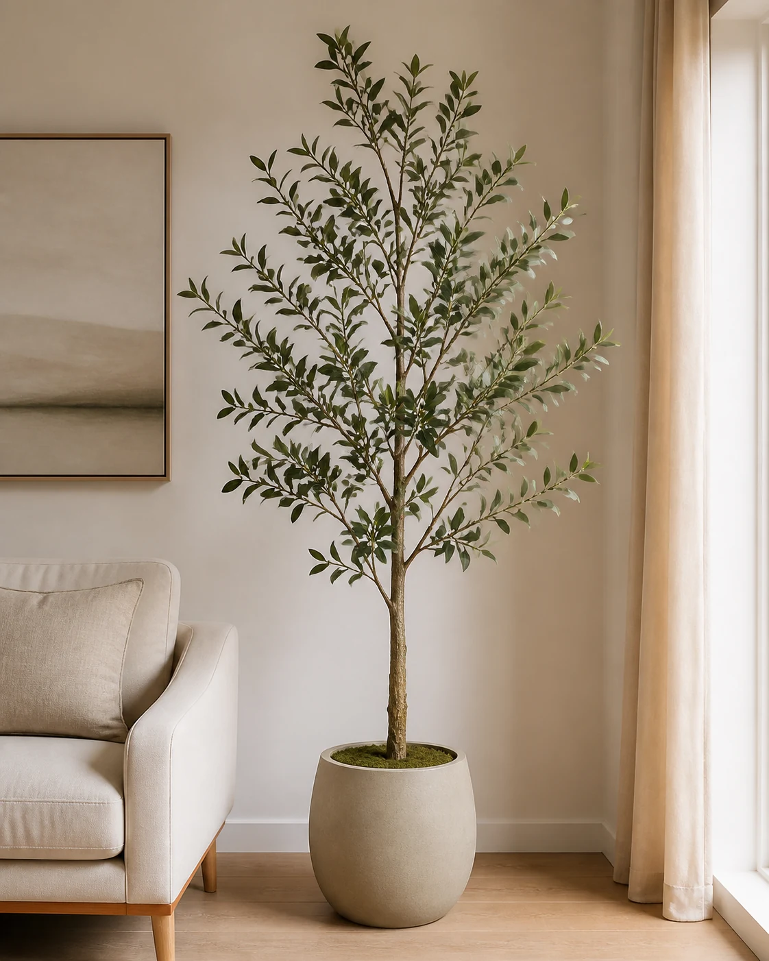 Tall faux olive tree scaled beside a cream chair in a neutral living room