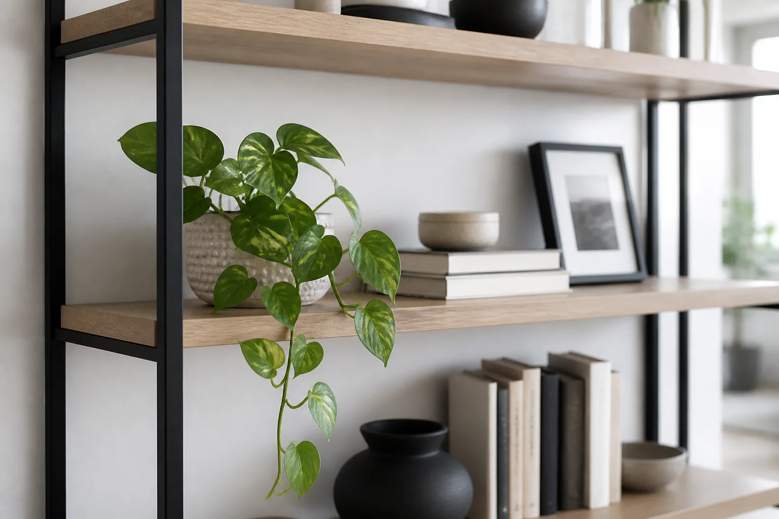 Realistic faux pothos trailing from one shelf of a black metal and pale oak bookcase