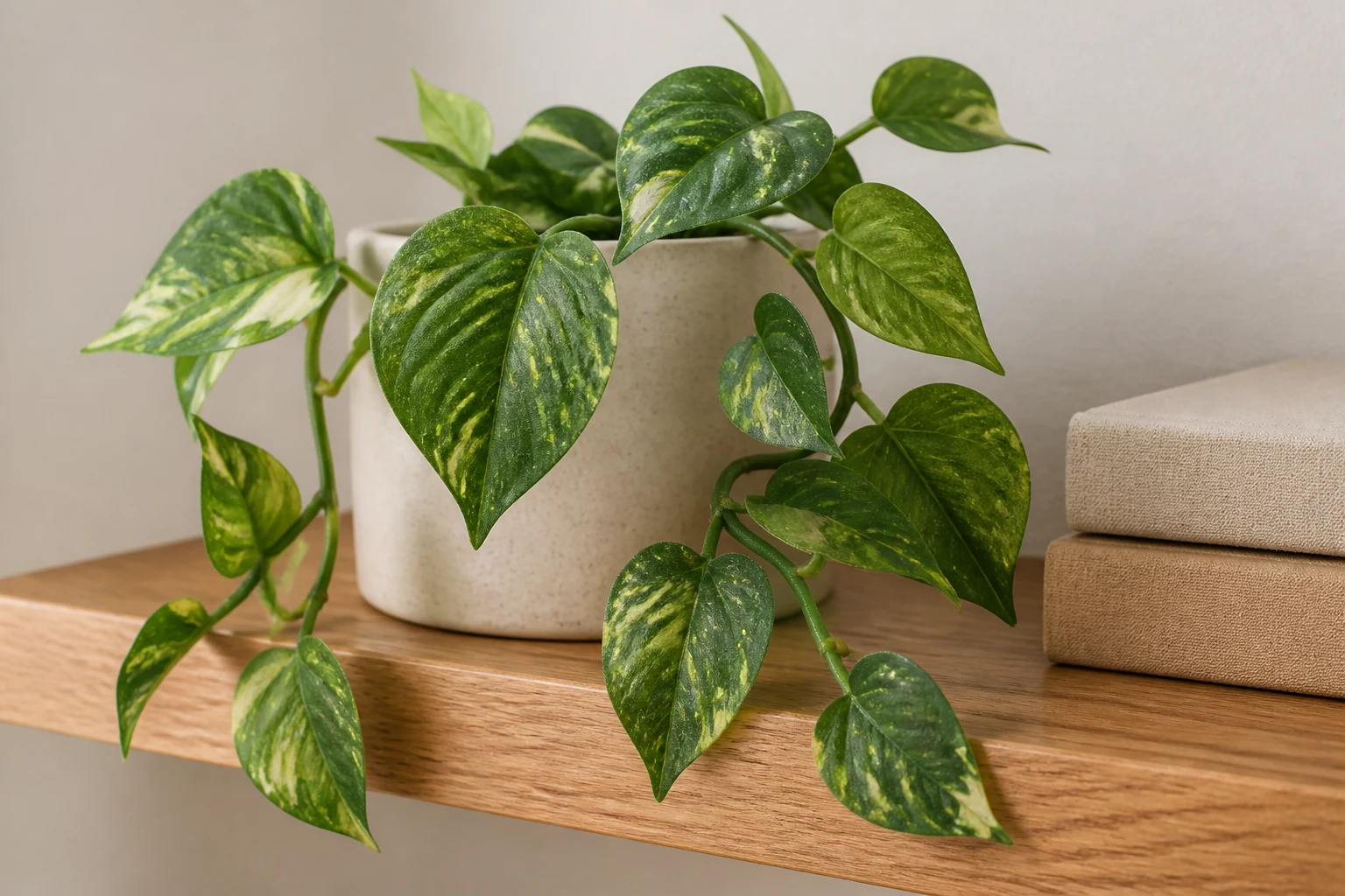 Close view of a high-quality artificial pothos showing matte leaves, varied green color, and natural-looking veins