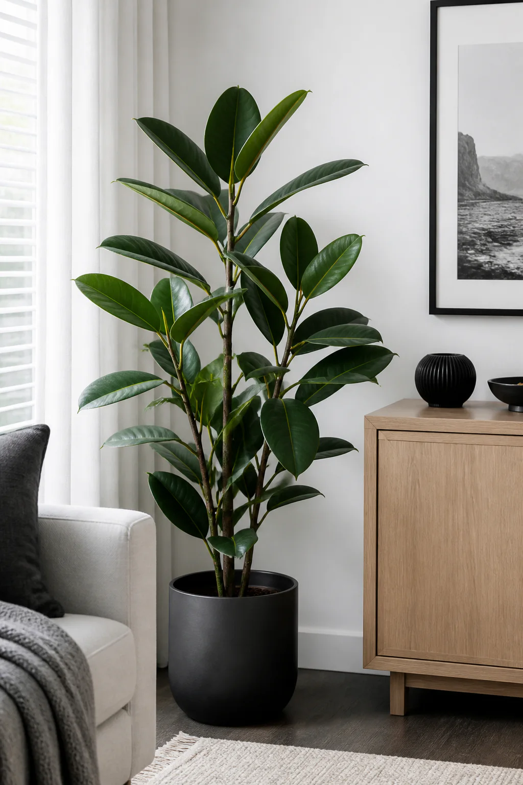 Tall faux rubber plant in a matte charcoal pot beside a light oak sideboard and cream chair