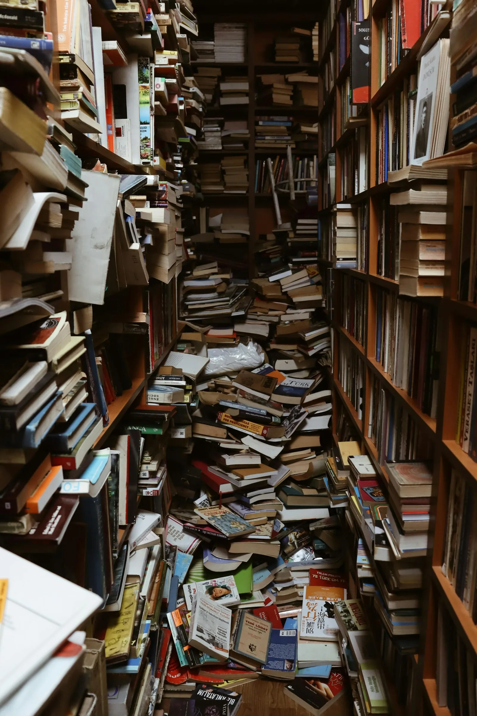 Cluttered shelves and books stacked heavily in a cramped room