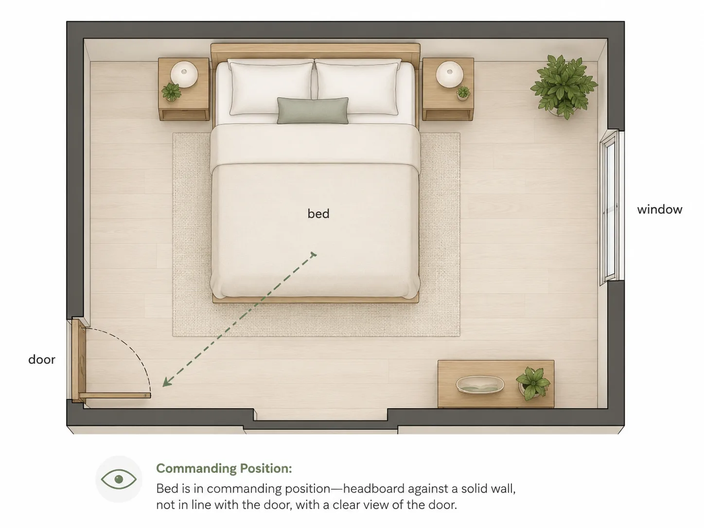 Feng shui bed command position layout with the headboard on a solid wall and a diagonal view of the door