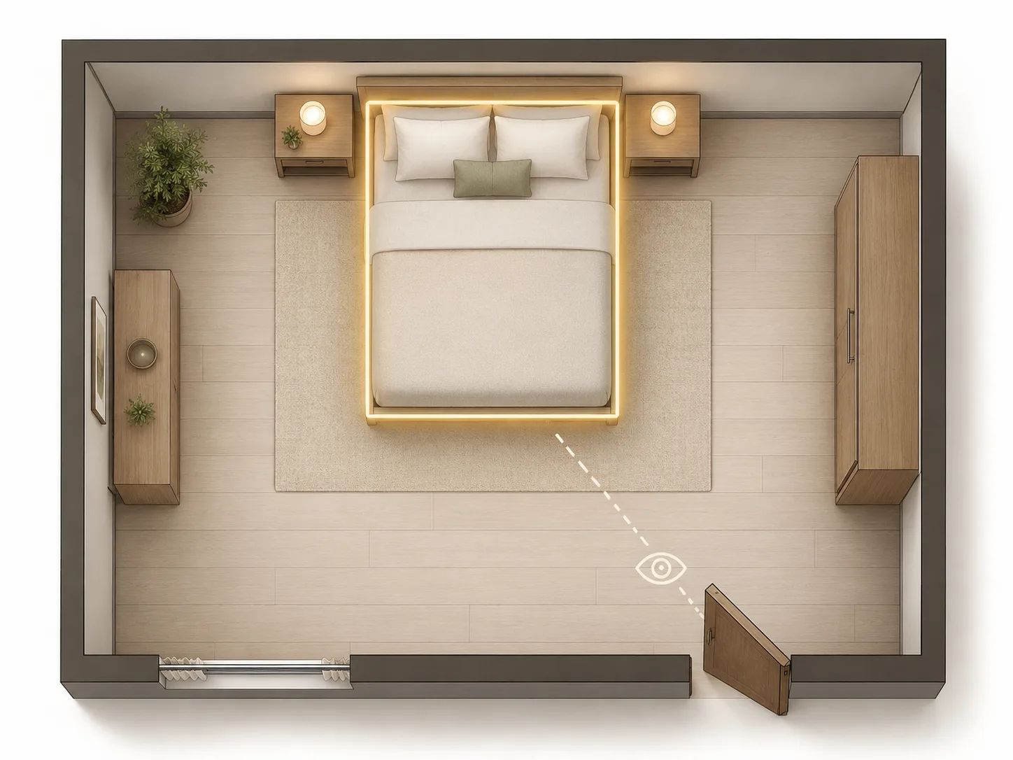 Balanced feng shui bedroom layout with centered bed, side tables, clear walkway, and visible door