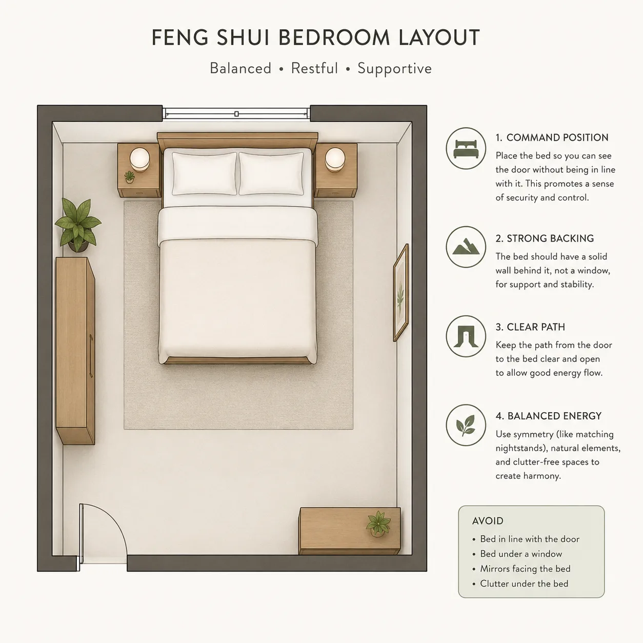 Feng shui bedroom layout checklist showing command position, strong backing, clear path, and balanced bedside energy
