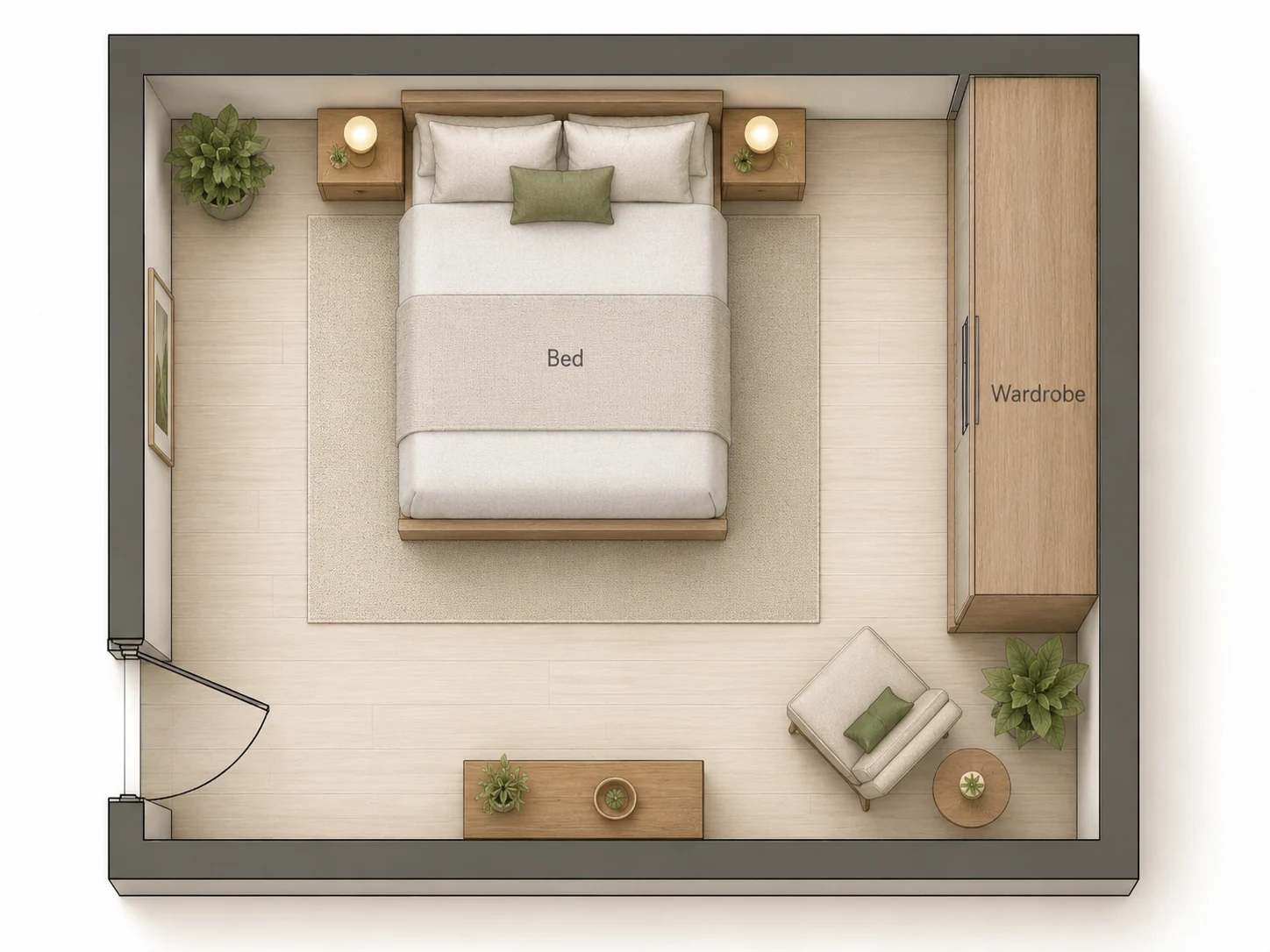 Feng shui bedroom floor plan with bed on a solid wall, door visible, wardrobe to the side, and open floor path