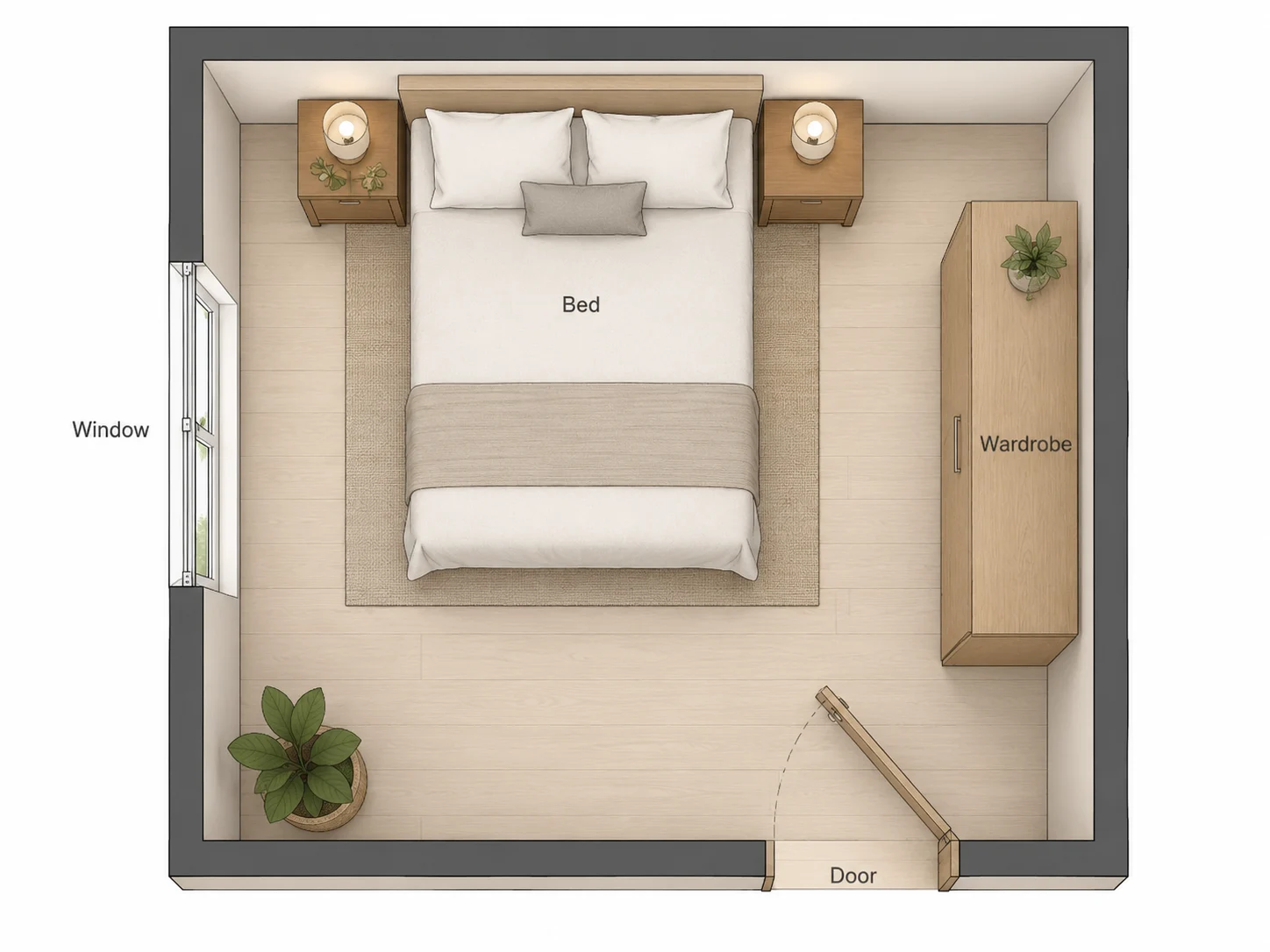 Bedroom floor plan with bed on a solid wall, side window, door angled from the bottom corner, and wardrobe on the right wall