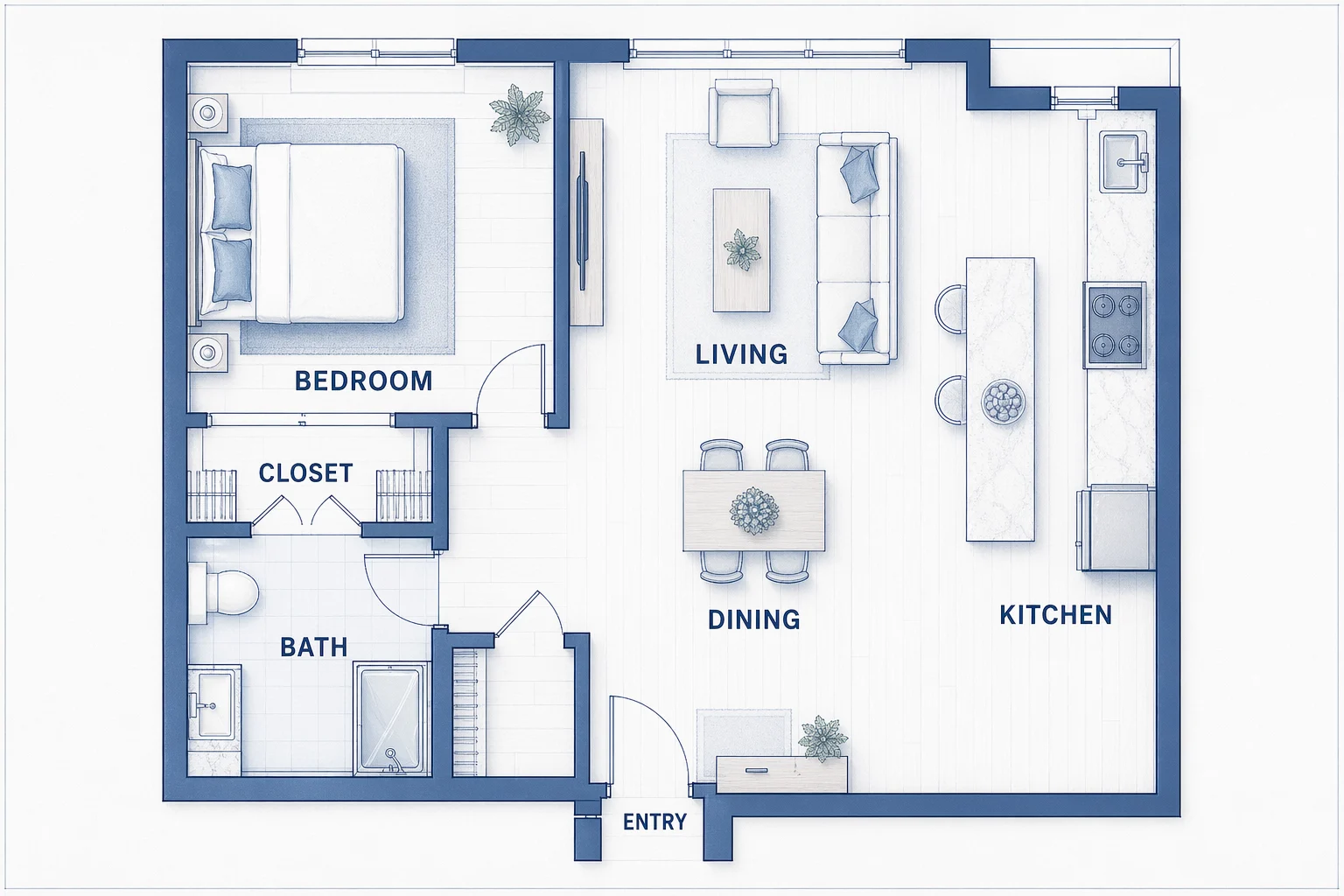 Blue and white one-bedroom feng shui floor plan with entry, living room, dining area, kitchen, bedroom, closet, and bath
