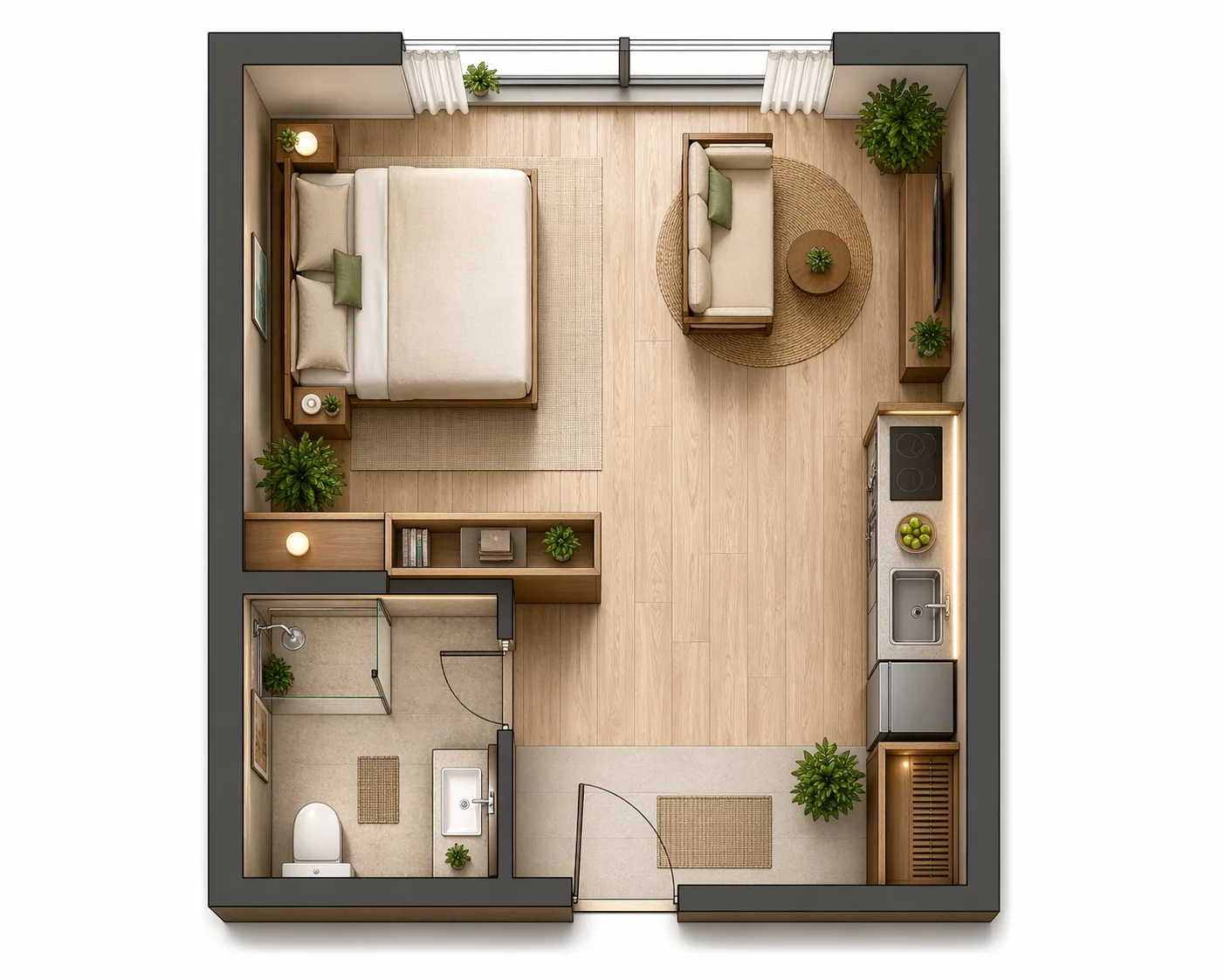 Furnished studio apartment floor plan with bed, living area, kitchen, bath, storage, plants, and a clear entry path