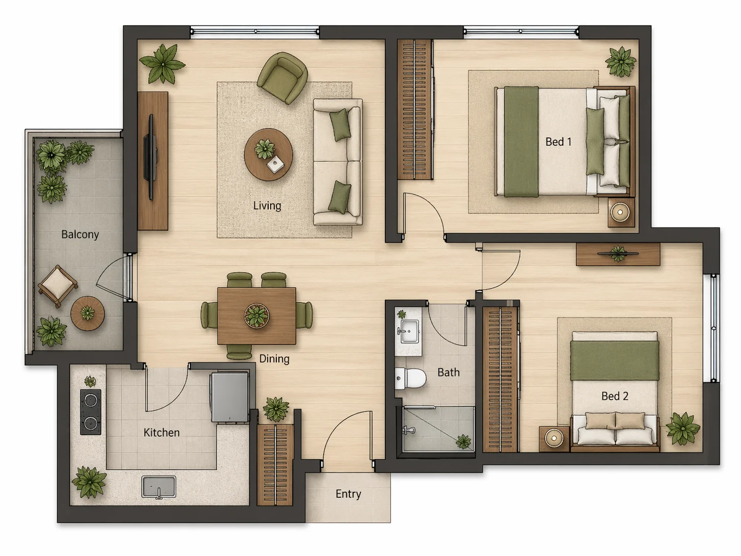 Warm two-bedroom feng shui floor plan with entry, living room, dining area, kitchen, balcony, bath, and two bedrooms