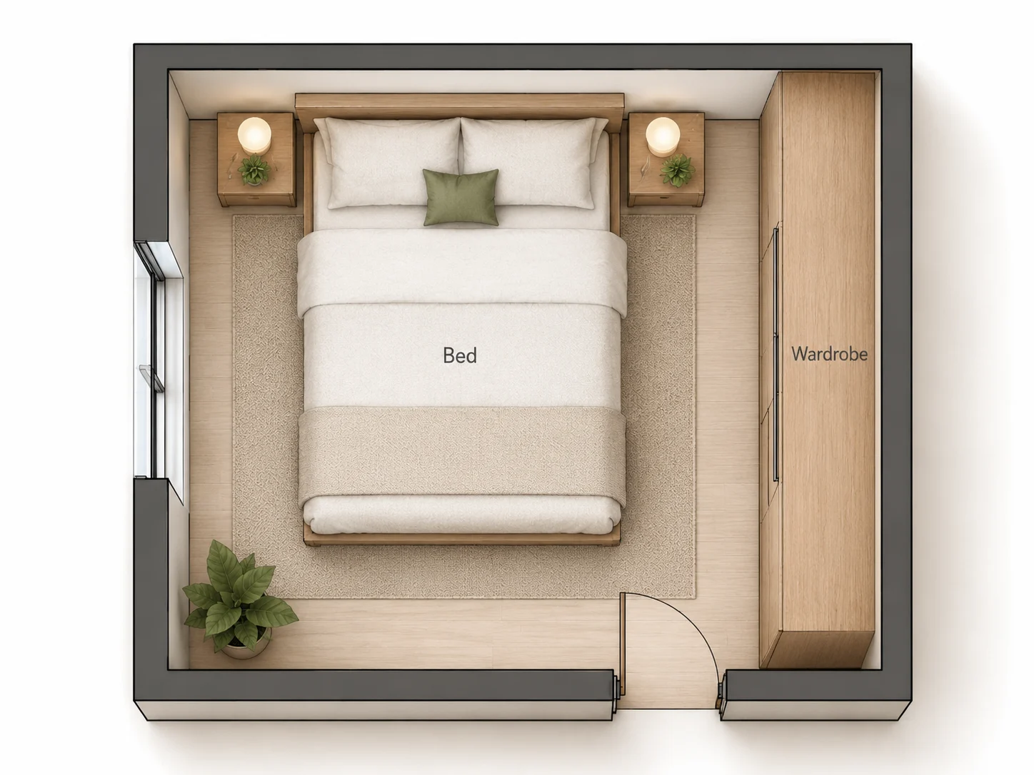 Small bedroom floor plan with bed on a solid wall, door offset from the bed, window at the side, and wardrobe along one wall
