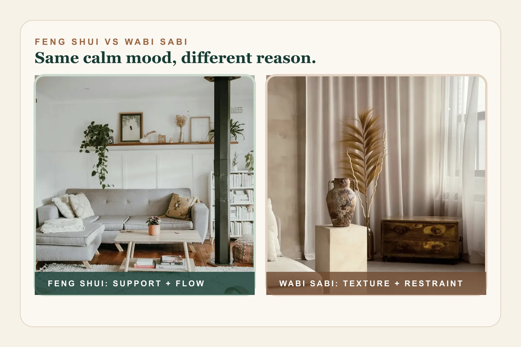 Side by side comparison showing feng shui as support and flow and wabi sabi as texture and restraint