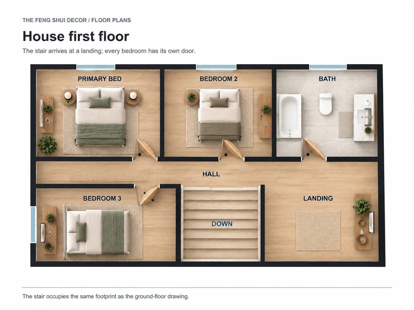 Matching first-floor house plan with staircase in the same location, landing, three bedrooms, and shared bathroom