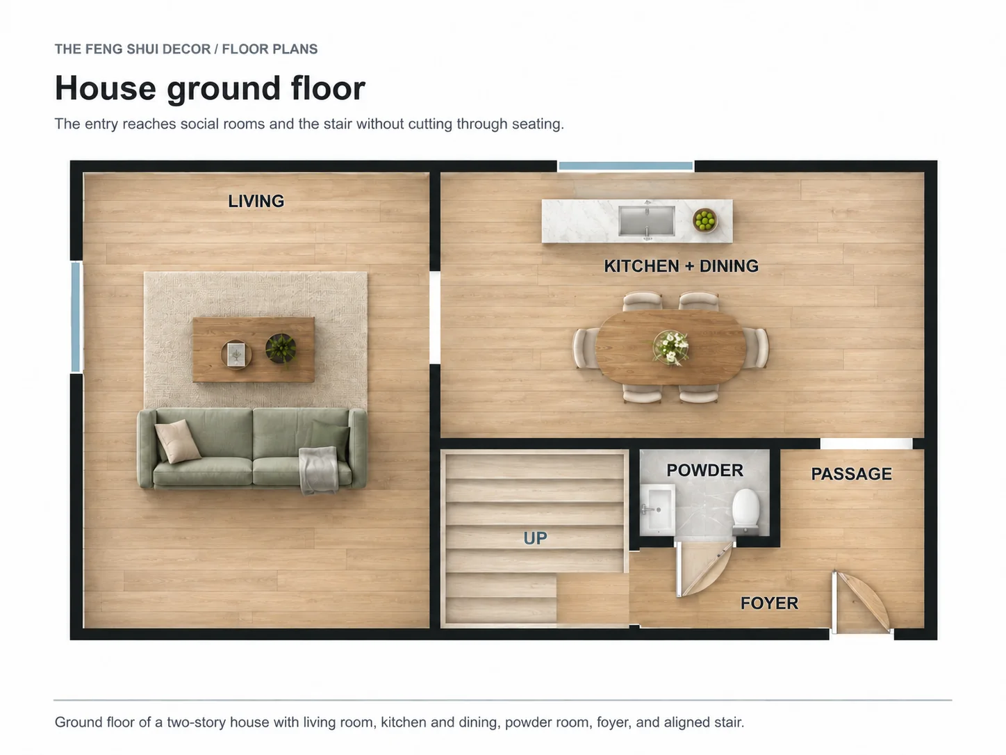 Ground-floor house plan with entry foyer, living room, kitchen and dining area, powder room, and staircase