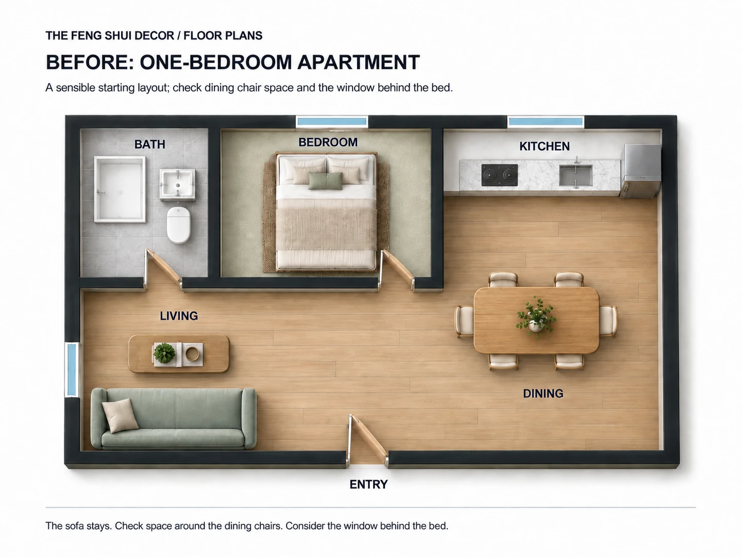 One-bedroom apartment starting layout with sofa and coffee table on the left, a six-seat dining table near the kitchen, and bed below a window