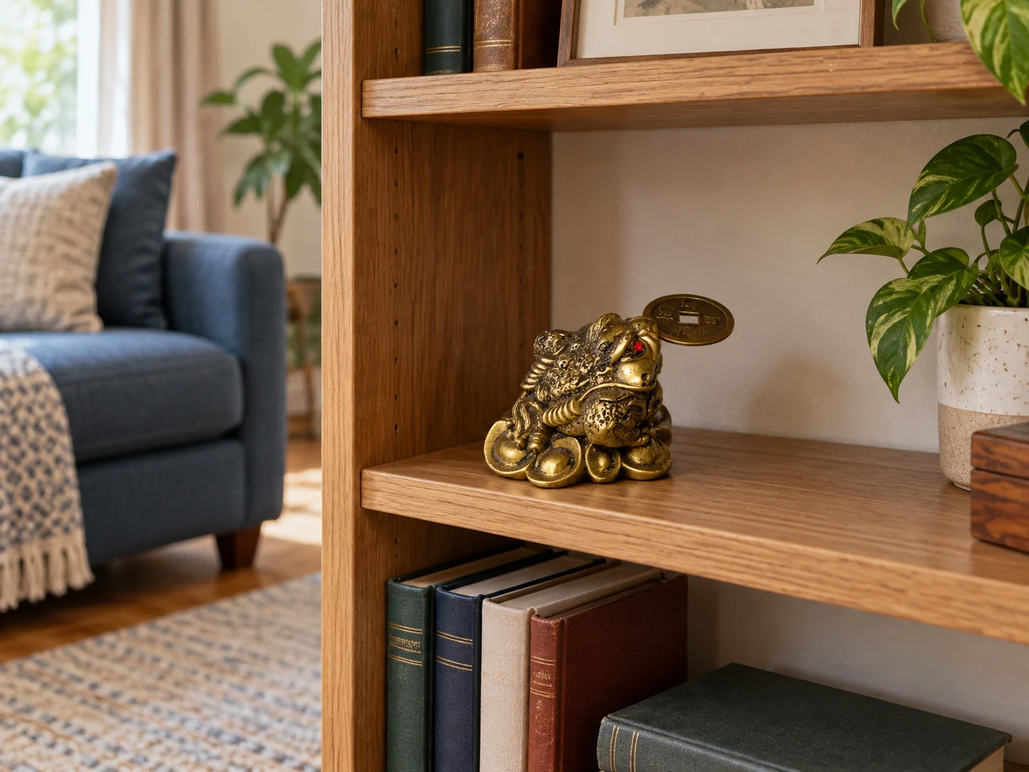 Money frog on an oak bookcase shelf with books below and a blue sofa nearby