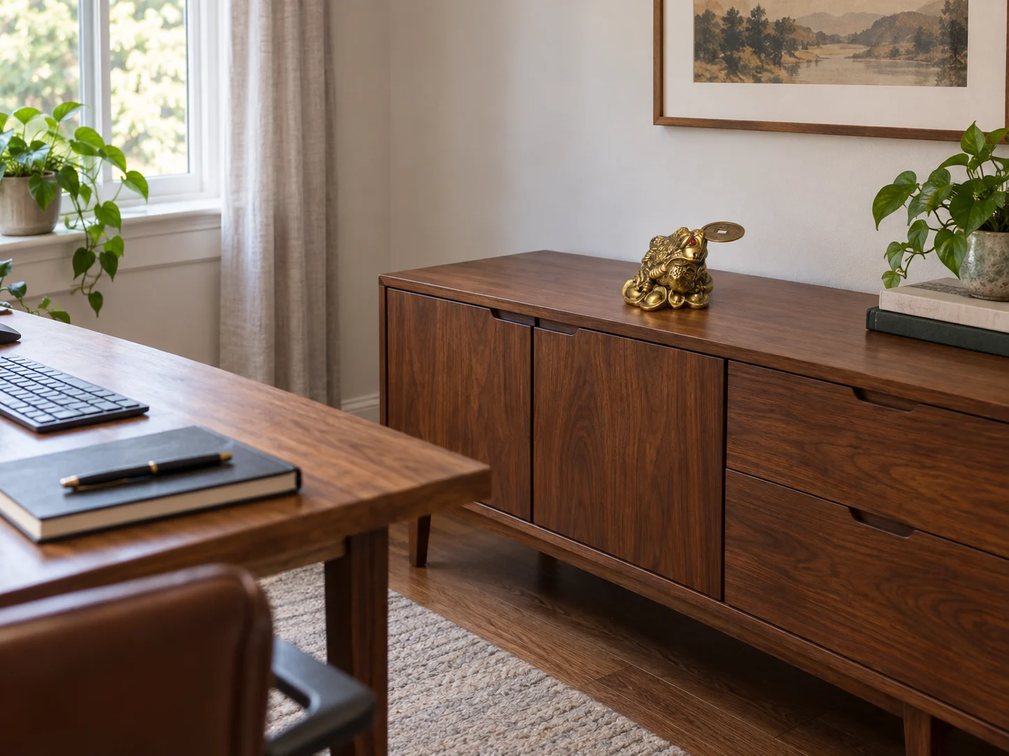 Small money frog on a walnut credenza beside a separate desk with a keyboard and notebook