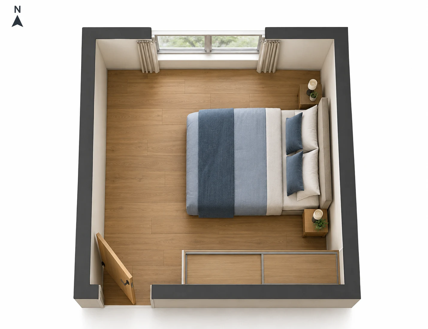 Bedroom plan with a north window, bed headboard against the right wall, lower-left entry and sliding wardrobe along the bottom wall