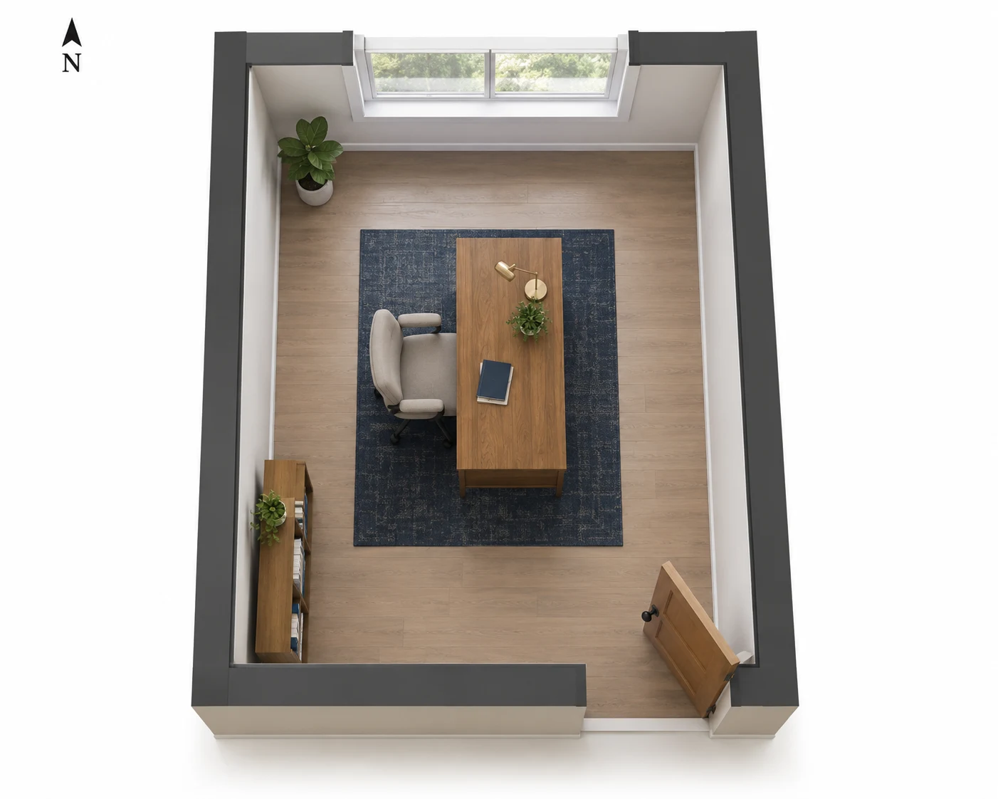 Office plan with a north window, a desk perpendicular to it, chair on the left and an unobstructed entry at the lower right
