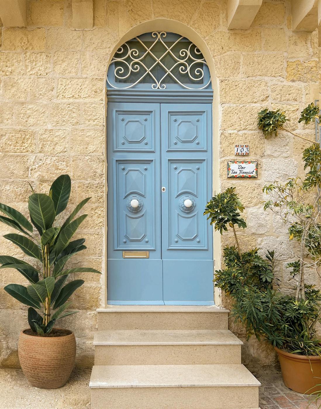 Blue front door framed by potted plants on a stone entry