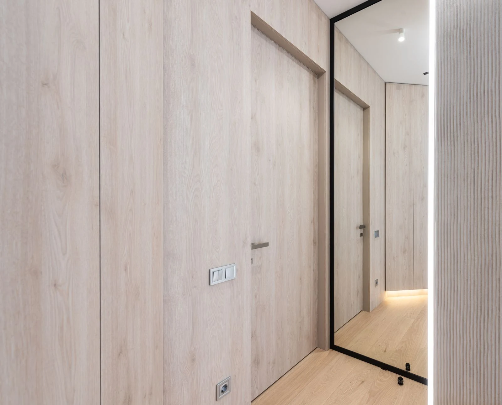 Pale timber hallway with a flush door, an empty floor and a tall black-framed mirror reflecting another door