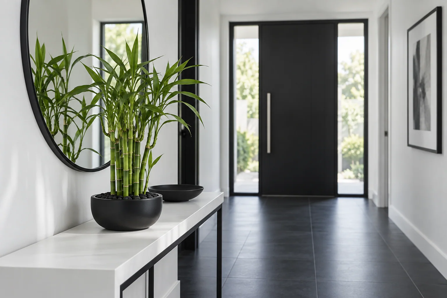 Lucky bamboo in a matte black bowl on a clean white entryway console