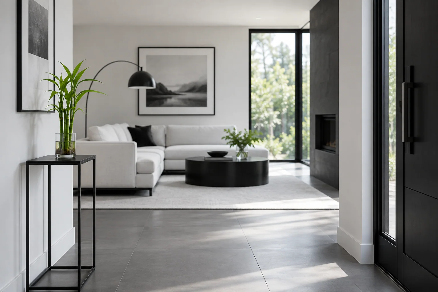 Lucky bamboo on a slim side table in a bright living room with an open path from the doorway