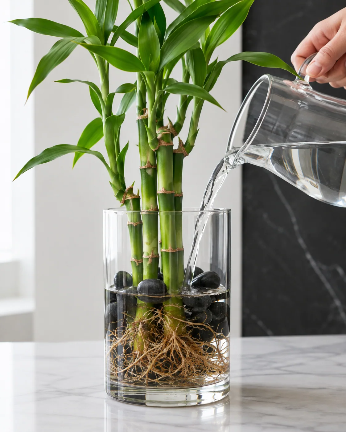 Fresh water being poured into a clear lucky bamboo vessel with visible roots and black pebbles