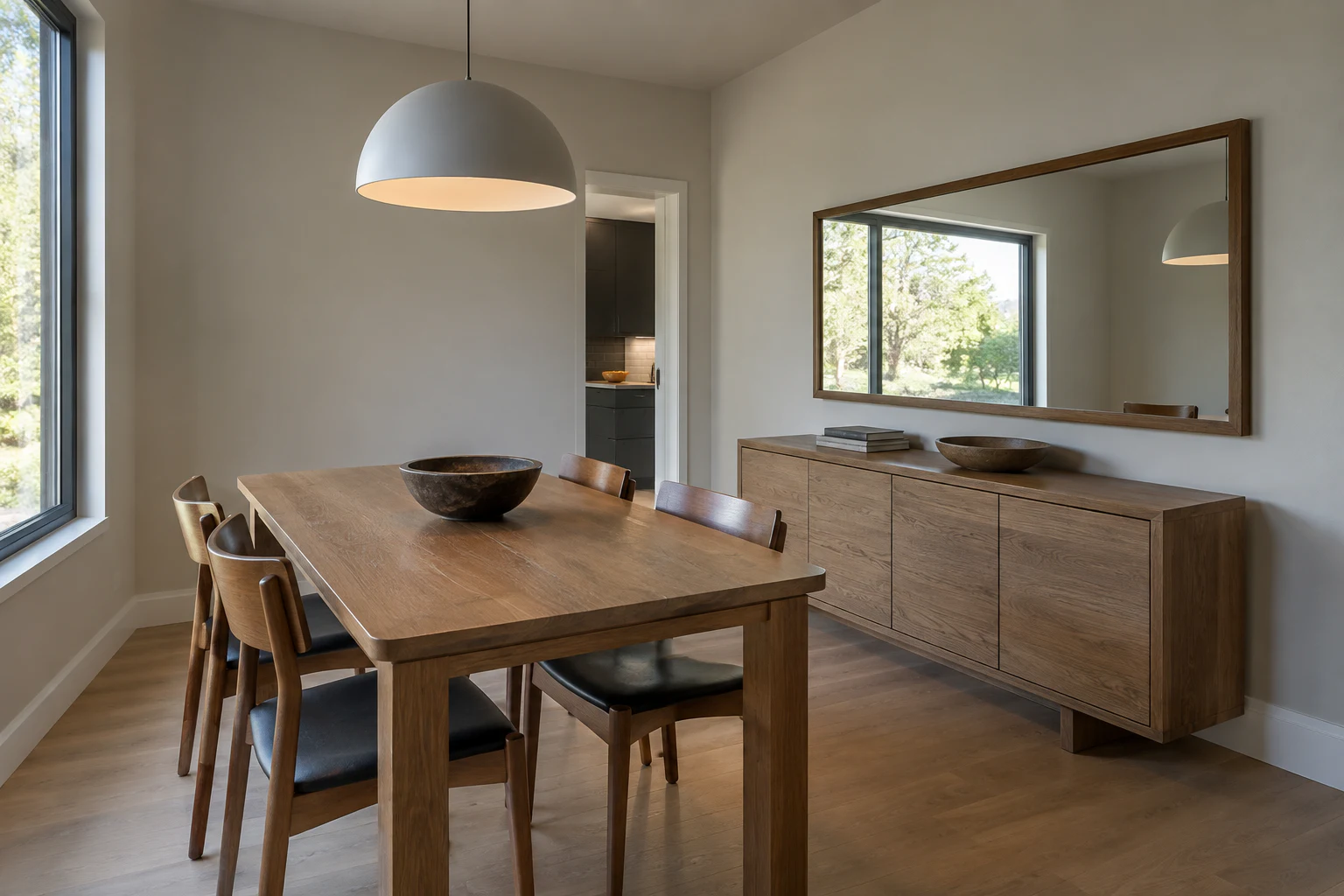 Rectangular mirror above an oak sideboard reflecting a dining table and window light