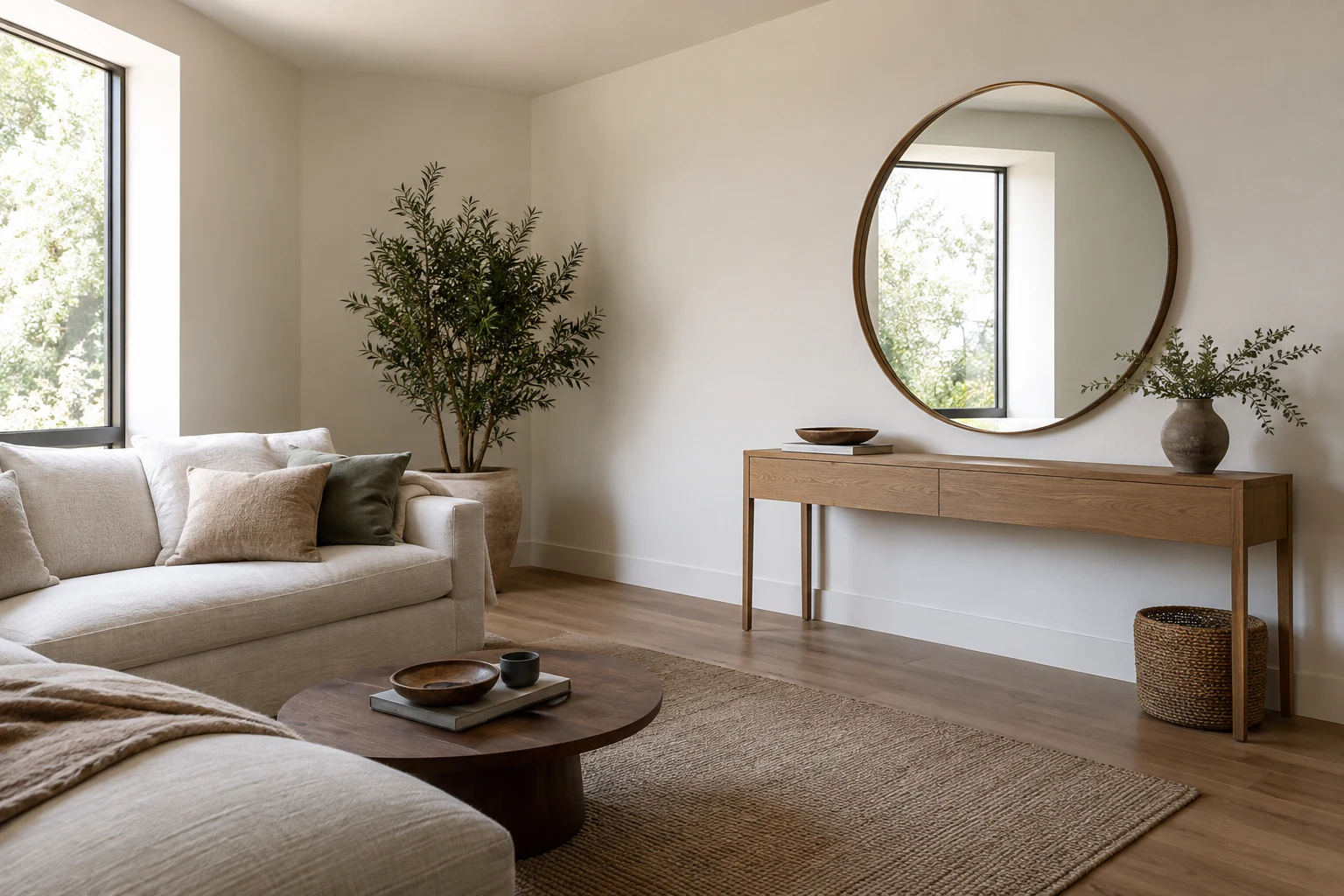 Large living room mirror above an oak console reflecting the window opposite