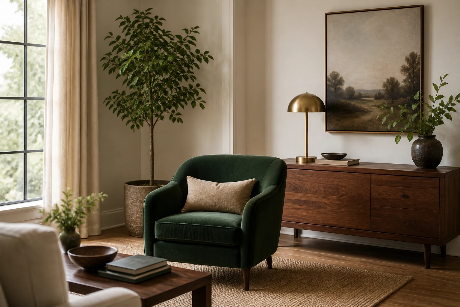 Forest green chair in a cream living room with walnut furniture and a restrained brass lamp