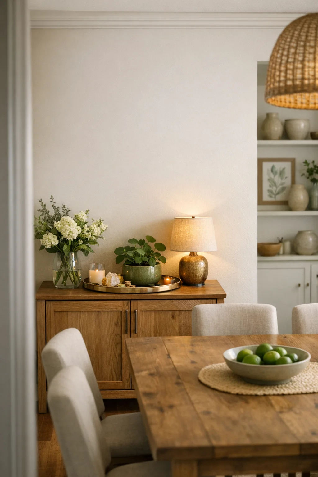 Dining room money corner with a sideboard, warm lamp, flowers, healthy plant, and a simple wooden table