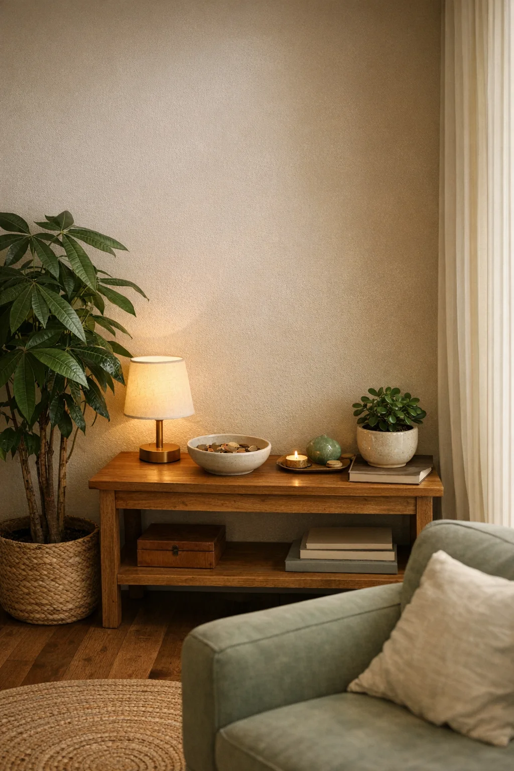 Living room money corner with a healthy plant, warm lamp, simple wooden console, ceramic bowl, and uncluttered decor