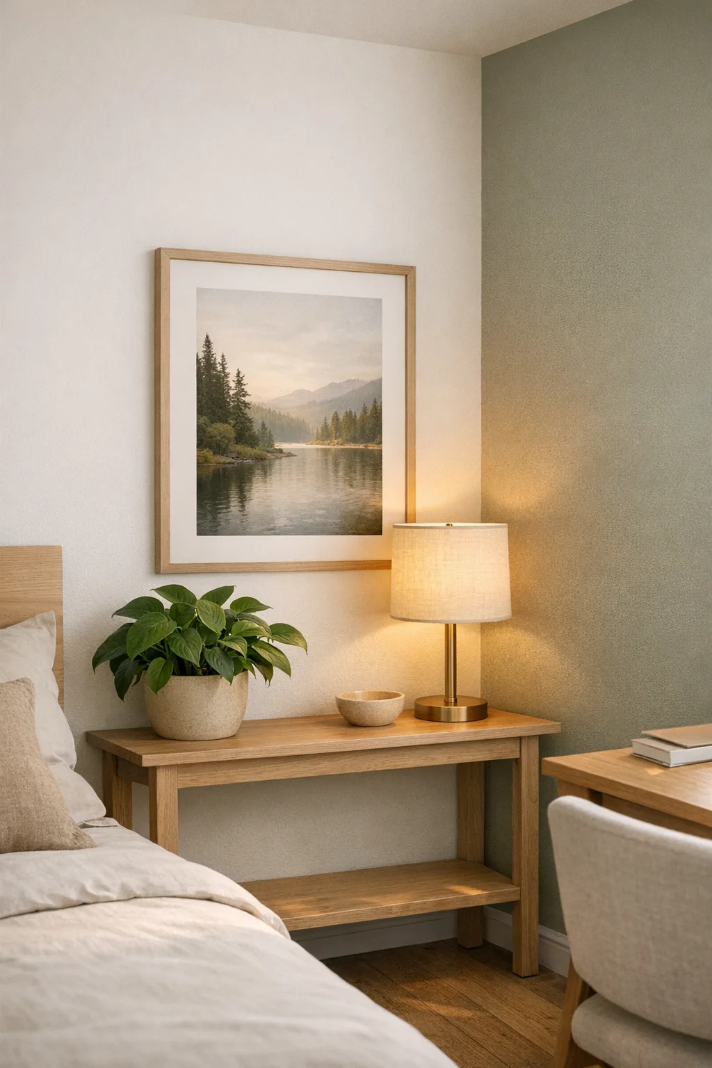 Quiet bedroom and home office corner styled with a plant, lamp, framed landscape art, and an uncluttered console
