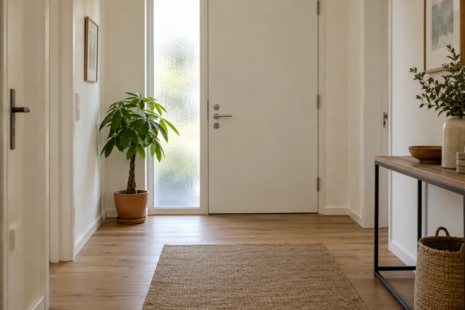 Money tree beside a frosted sidelight on the left of a front door, with a console on the opposite wall and a clear entrance