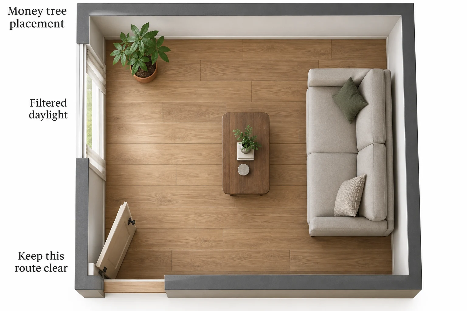 Overhead living room with a money tree near the left window, seating on the right and a clear route from the entrance