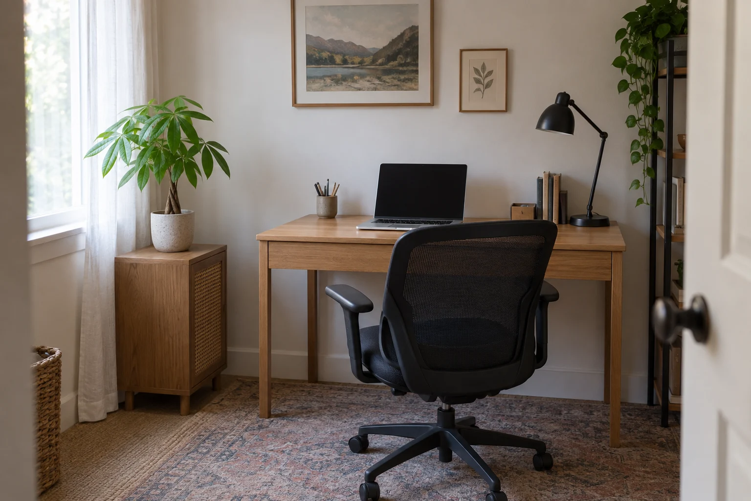 Compact money tree on a side cabinet beside a curtained office window, separate from the desk and laptop